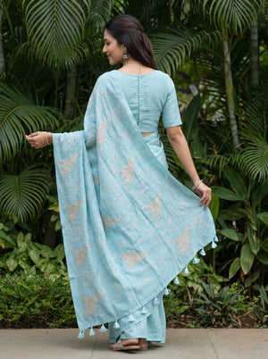 Linen Saree in Sea Green with Applique Elephant Motif Design