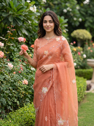 Organza Peach Corner Floral Embroidery Beaded Scalloped Border Saree