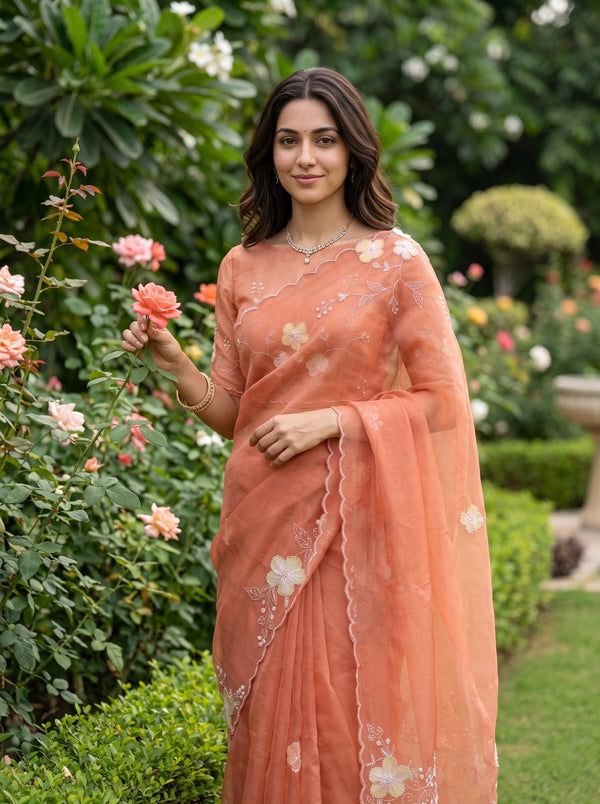 Organza Peach Corner Floral Embroidery Beaded Scalloped Border Saree