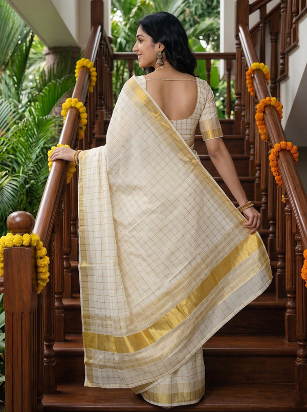 Tissue Cream Gold Checkered Onam Special Kerala Saree