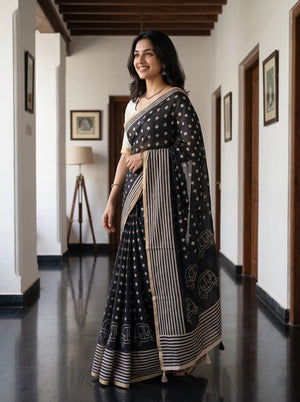 Linen Black Diamond Print Saree with Auto Rickshaw Border