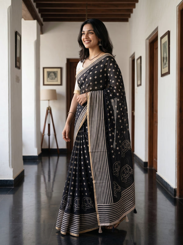 Linen Black Diamond Print Saree with Auto Rickshaw Border