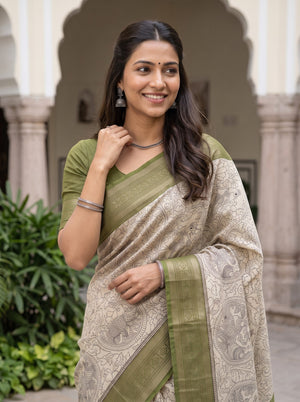 Pure Chanderi Off-White Black Kalamkari Peacock Print Saree