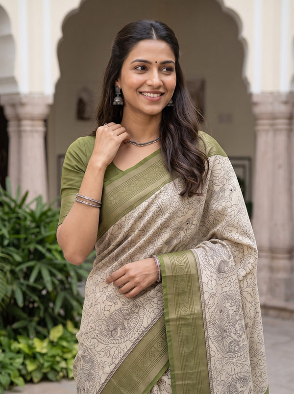 Pure Chanderi Off-White Black Kalamkari Peacock Print Saree
