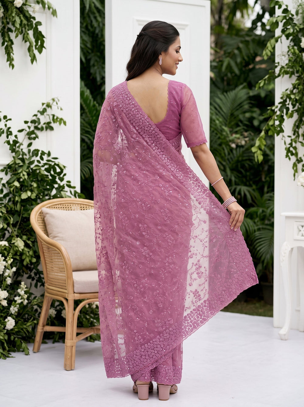 Organza Magenta Pink Floral Vine Sequin Embroidery Scalloped Lace Border Saree