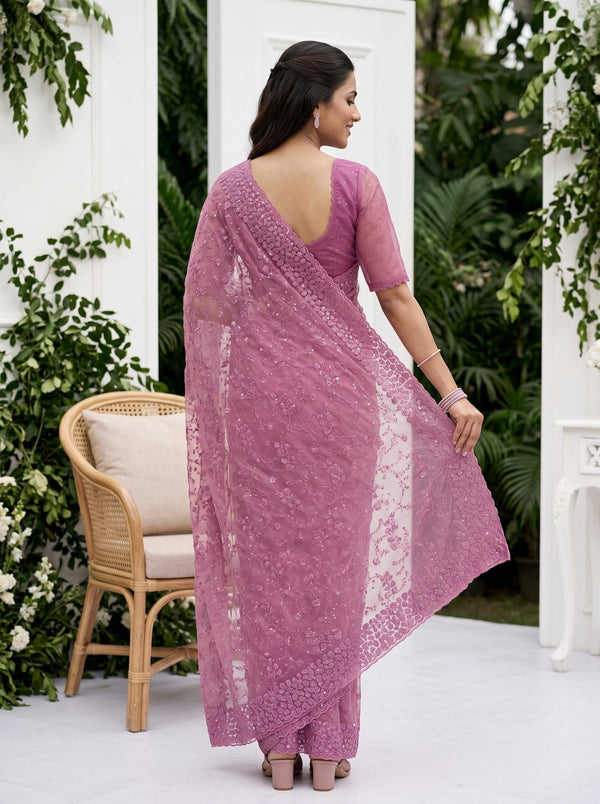 Organza Magenta Pink Floral Vine Sequin Embroidery Scalloped Lace Border Saree