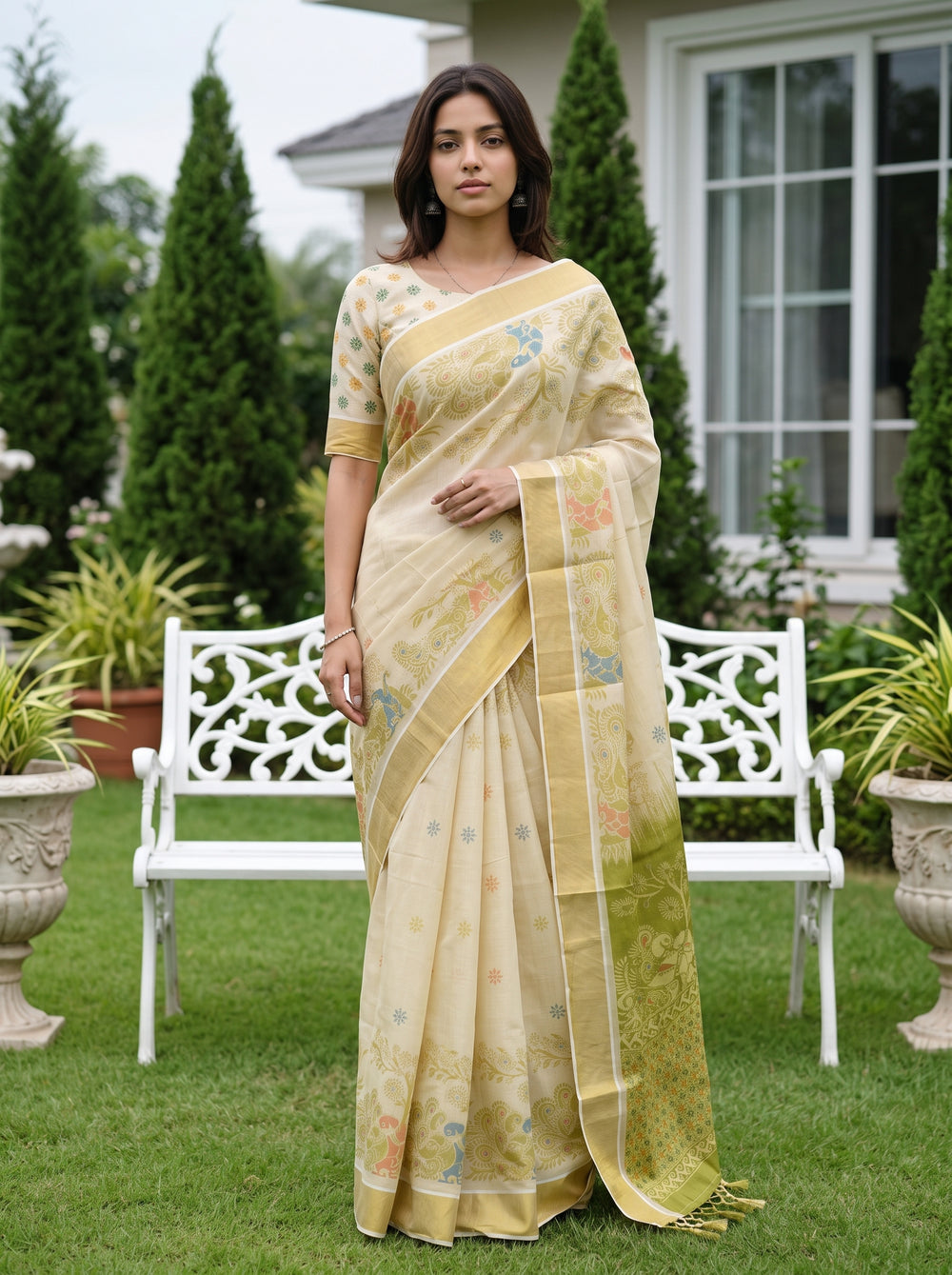 Tissue Cream Peacock Print Kerala Saree with Multicolor Pallu
