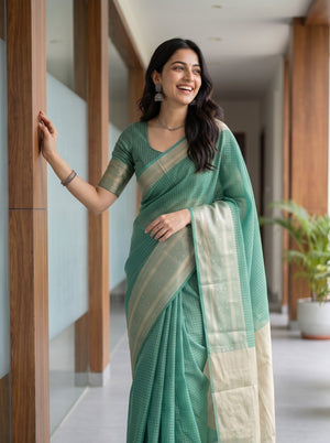Chanderi Cotton Green Check Weave Saree with Golden Shimmer Zari Pallu
