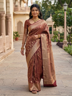 Brocade Silk Maroon Saree with All Over Floral Vine Zari Jaal and Wide Border