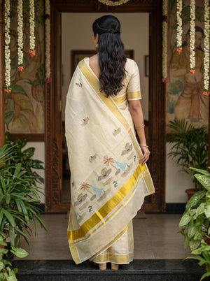 Tissue Cream Golden Coconut Palm & Boat Motif with Zari Border for Onam Special Kerala Saree