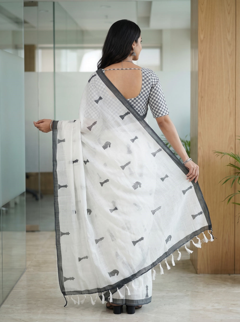 Cotton White Quirky Chess Print Saree with Grey Border