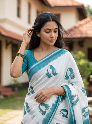 Cotton Off-White Face Print Teal Dip-Dye Border Tassel Saree