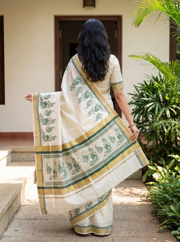 Cotton Cream Green Paisley Print Kerala Saree with Temple Border