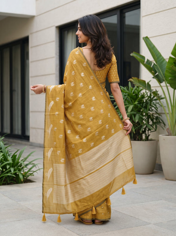 Cotton Silk Mustard Yellow Saree with Golden Bird Motif Pallu