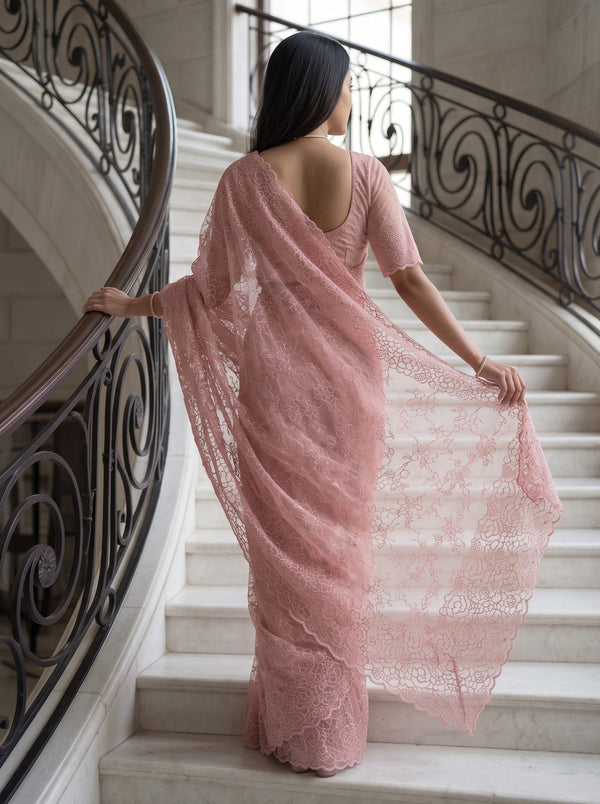 Organza Blush Pink Floral Embroidered Saree