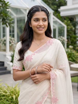 Organza Off White Pink Floral Border Sequin Saree