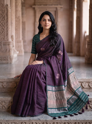 Matka Silk Deep Purple Zari Butta Saree with Green Border