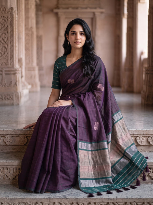 Matka Silk Deep Purple Zari Butta Saree with Green Border