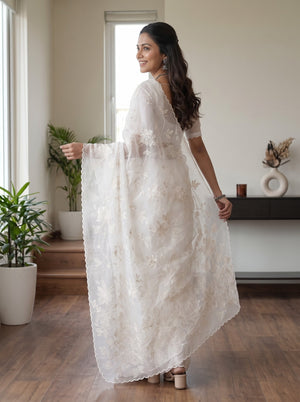Organza White Self-Tone Floral Embroidery Saree