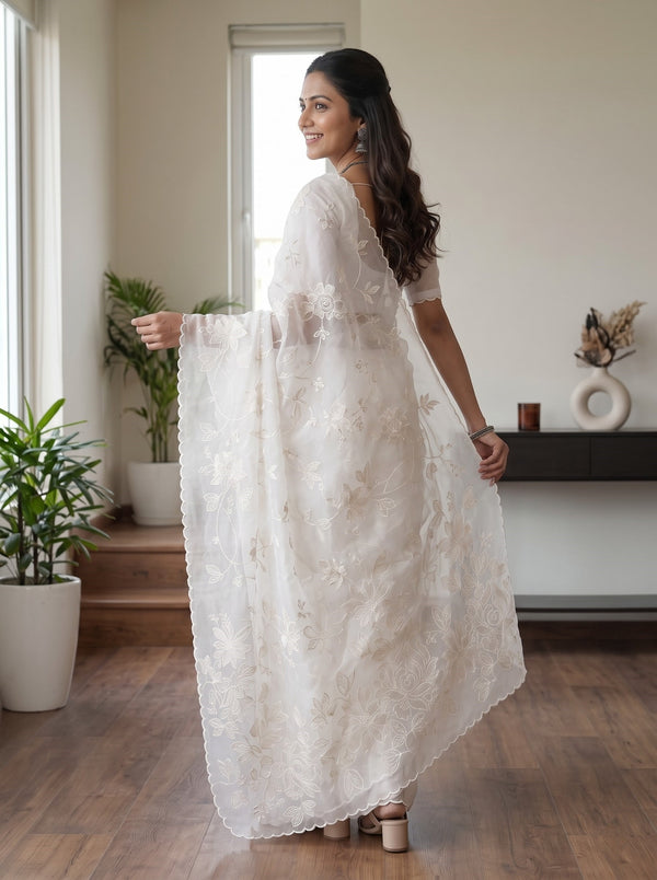 Organza White Self-Tone Floral Embroidery Saree