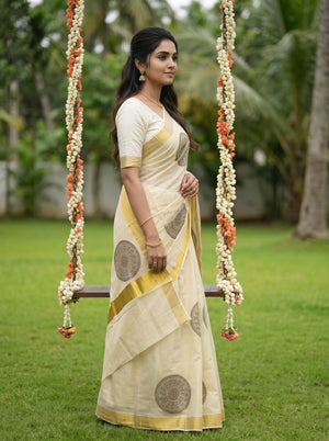 Tissue Golden Cream Rangoli Medallion Print Onam Special Kerala Saree