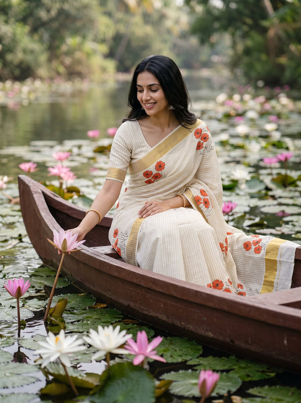 Cotton Cream Orange Cosmos Floral Print Kerala Saree with Golden Zari Border