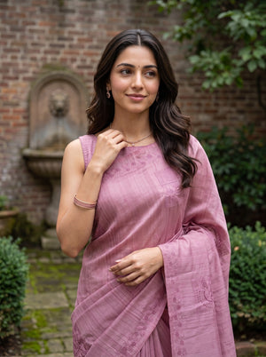 Semi Tussar Rose Pink Self Stripe Cutwork Embroidery Saree with Tassels