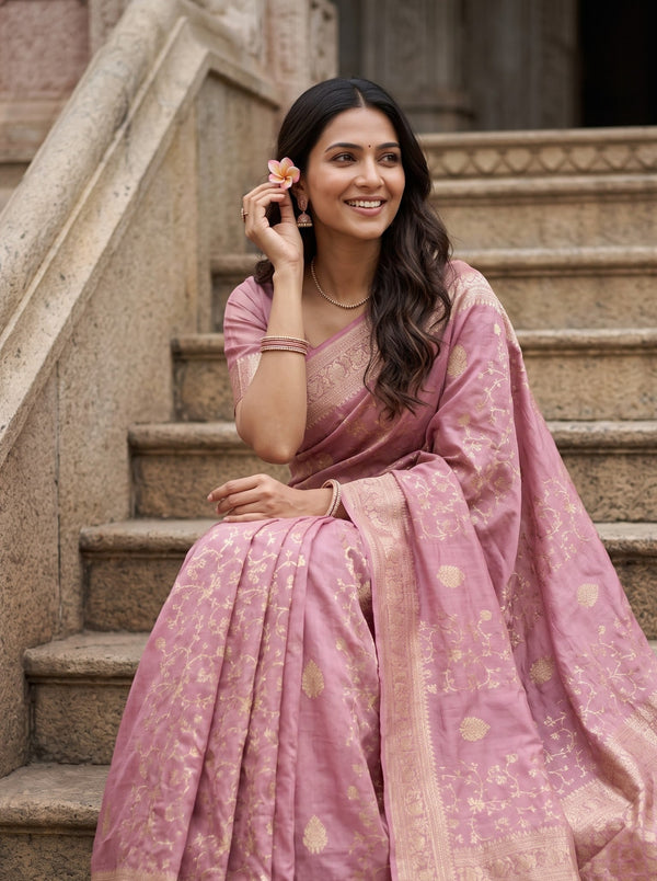 Banarasi Dusty Rose Pink Golden Zari Floral Jaal Pallu Tassels Saree