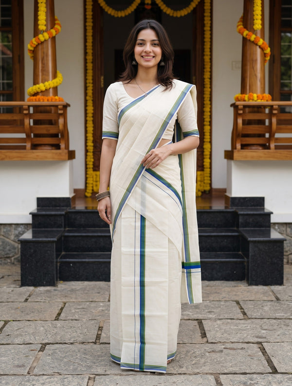 Cotton Cream with Blue and Green Stripe Border Onam Special Kerala Set Mundu