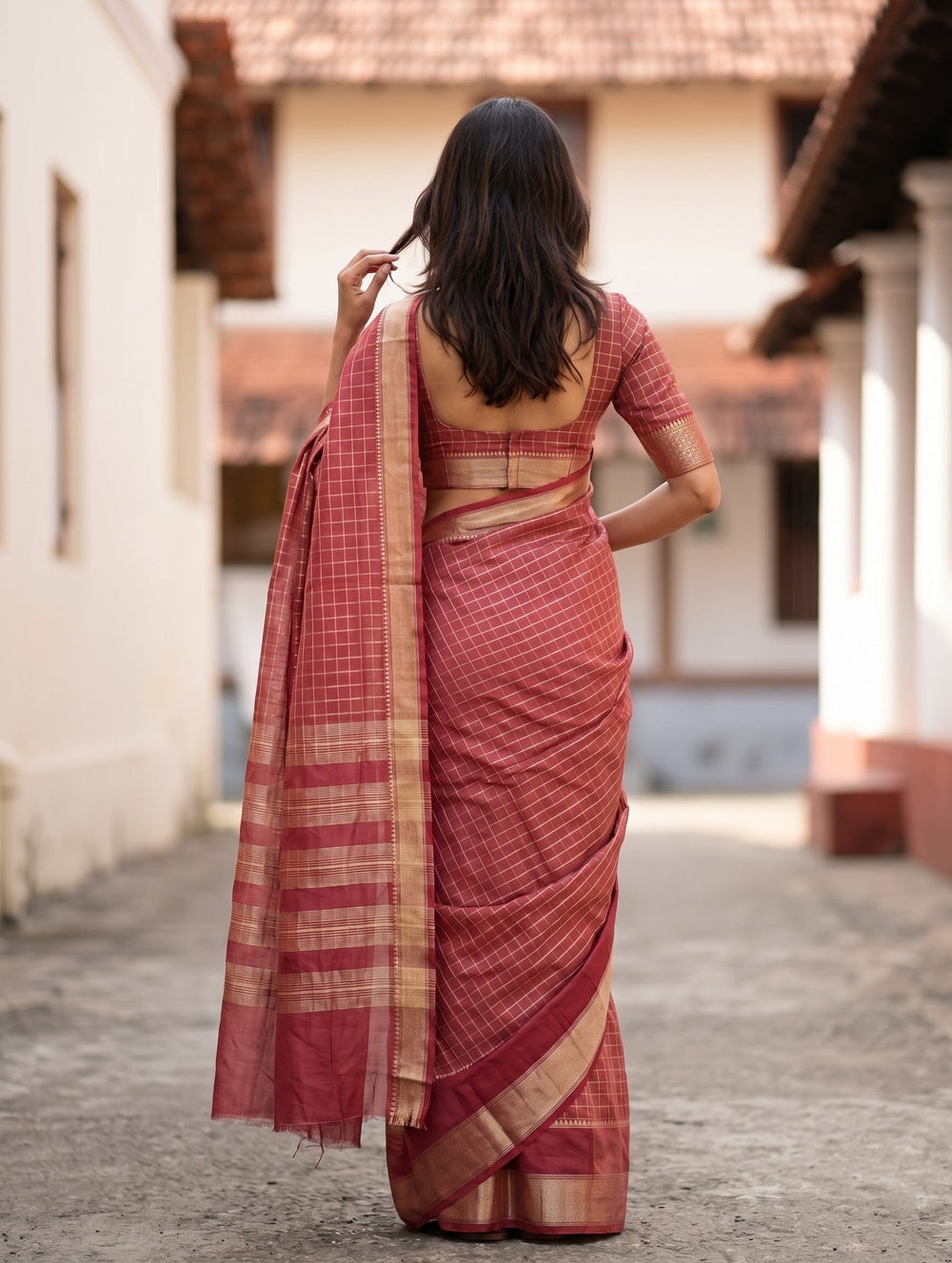 Semi Silk Red Maroon Checked Saree with Golden Zari Striped Pallu
