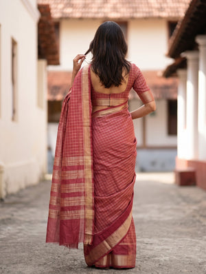 Semi Silk Red Maroon Checked Saree with Golden Zari Striped Pallu