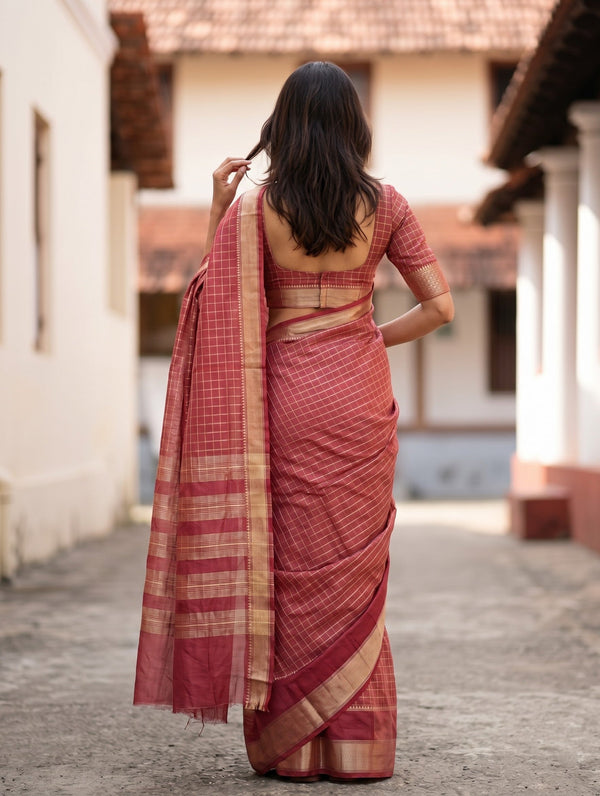 Semi Silk Red Maroon Checked Saree with Golden Zari Striped Pallu