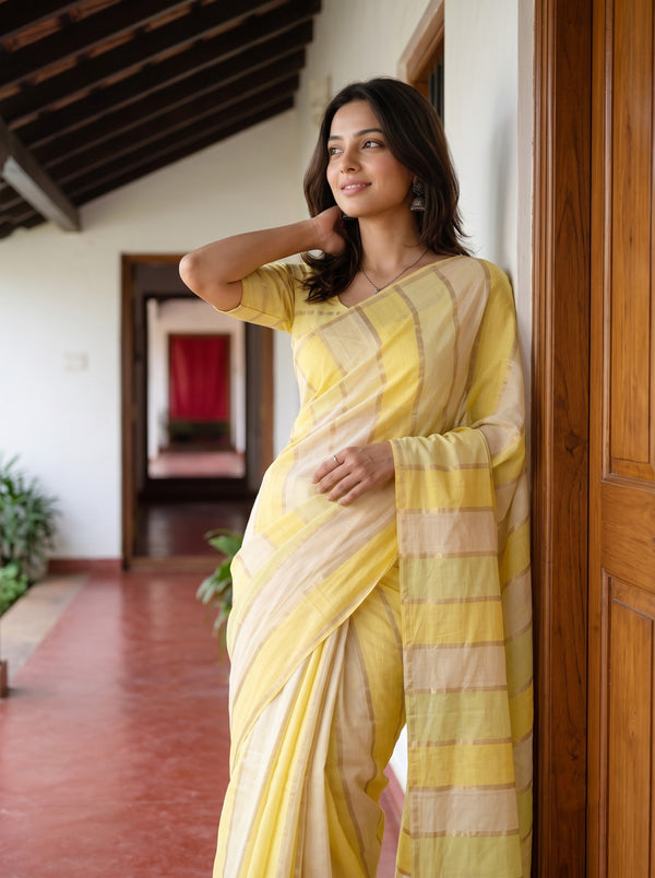Chanderi Cotton Yellow Ombre Stripe Saree with Golden Zari Lines