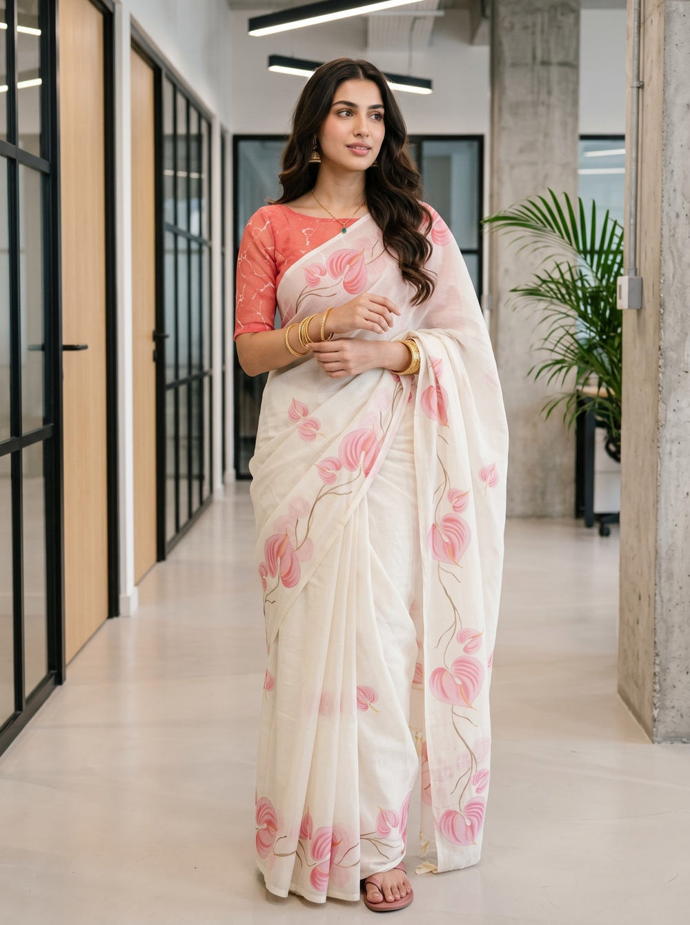 Cotton Ivory Pink Anthurium Print Saree