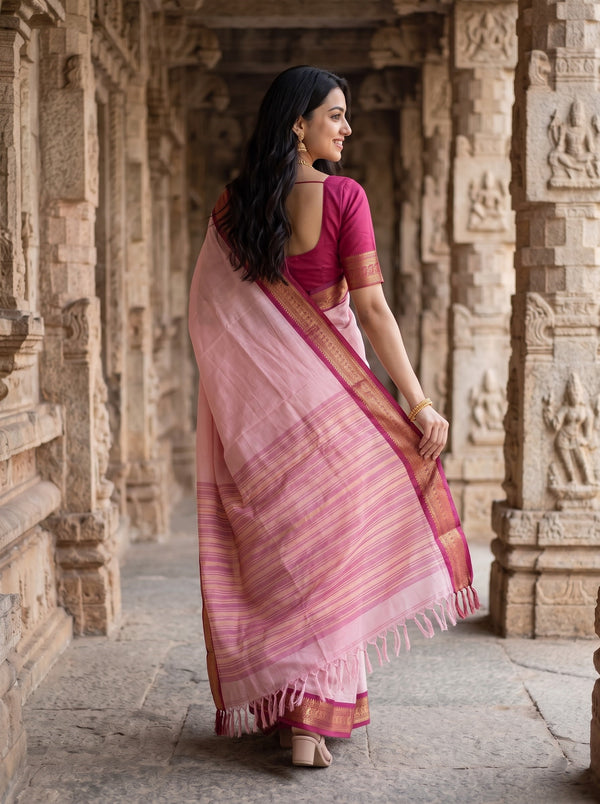Semi Silk Pink Saree with Maroon Zari Floral Border