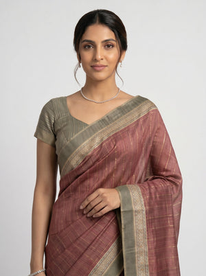 Semi Jute Rust Red Temple Border Check Saree
