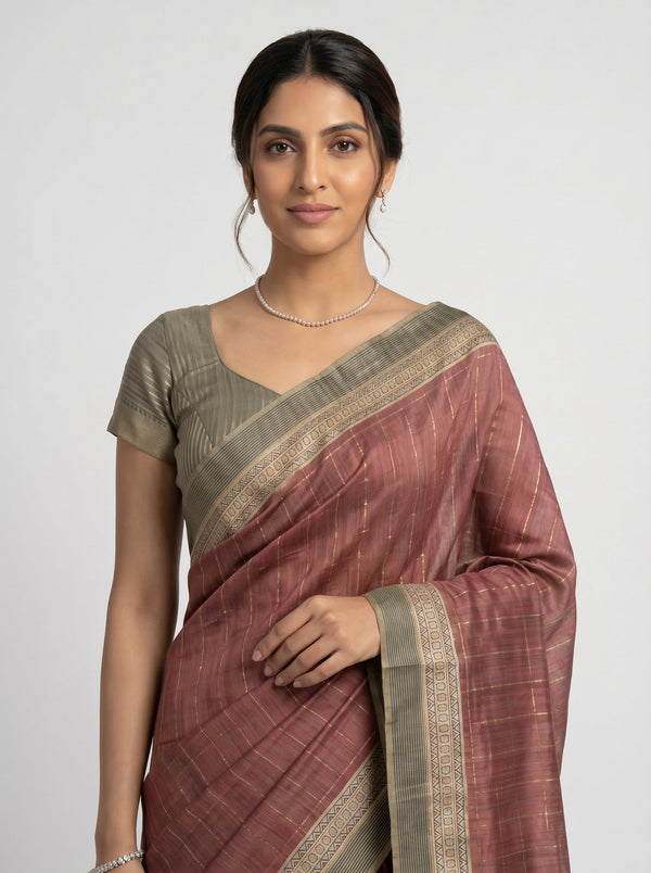 Semi Jute Rust Red Temple Border Check Saree