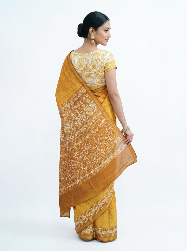 Soft Cotton Mustard Yellow Batik Print Saree with Floral Border