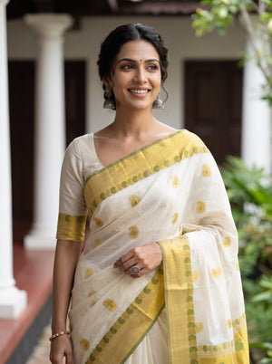 Cotton Cream Off-White Gold Green Paisley Booti Onam Kerala Saree