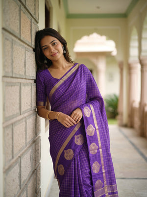 Semi Silk Violet Check Weave Saree with Golden Paisley Border