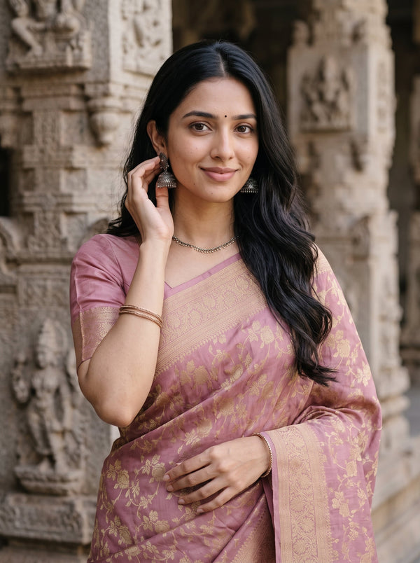 Banarasi Dusty Rose Golden Zari Floral Vine Allover Diamond Jaal Border Saree