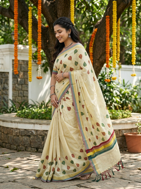 Tissue Cream Multicolor Leaf Print Onam Special Kerala Saree