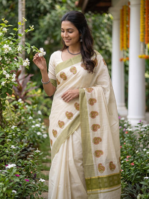Tissue Cream Paisley Print Olive Border Kerala Saree