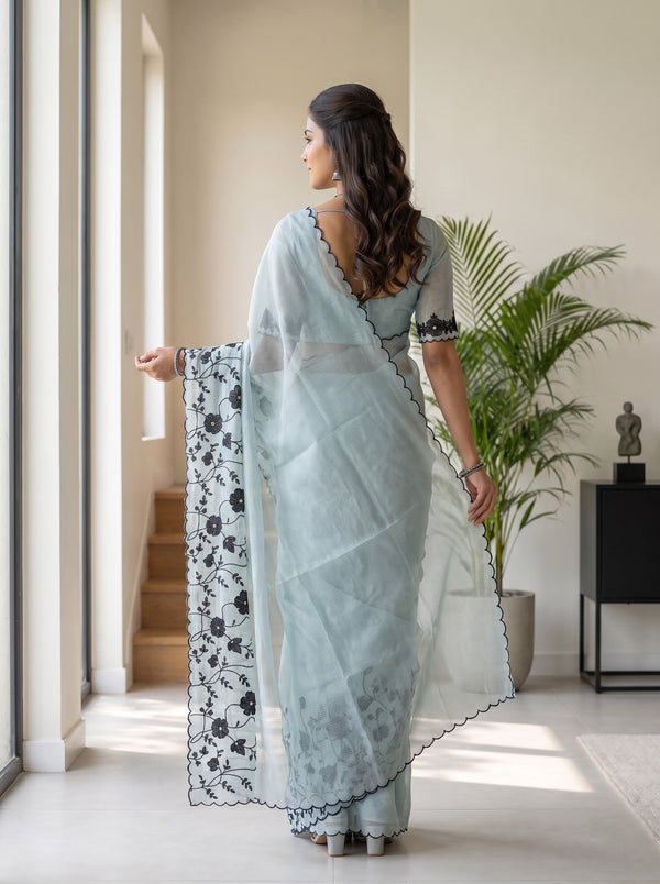 Net Kota Saree in Powder Blue with Black Floral Embroidery