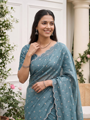 Organza Teal Blue Floral Vine Embroidery Saree with Scalloped Border