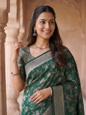 Semi Silk Bottle Green Saree with Zari Floral Vine Design