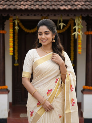 Tissue Cream Red Floral Spring Embroidery Onam Special Kerala Saree with Golden Border