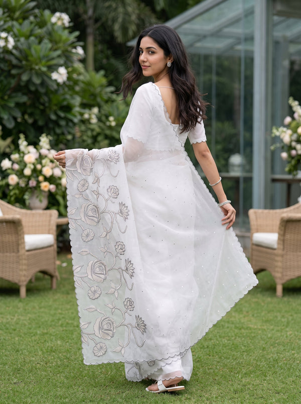 Organza Cream Ivory Grey Thread Rose Vine Applique Embroidered Pallu Sequin Dot Body Saree