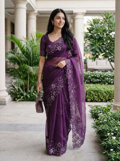 Organza Purple Saree with Sequin Floral Border