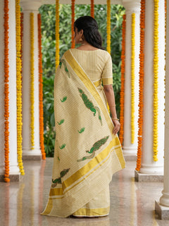Tissue Golden Peacock Print with Golden Border Onam Special Kerala Traditional Saree